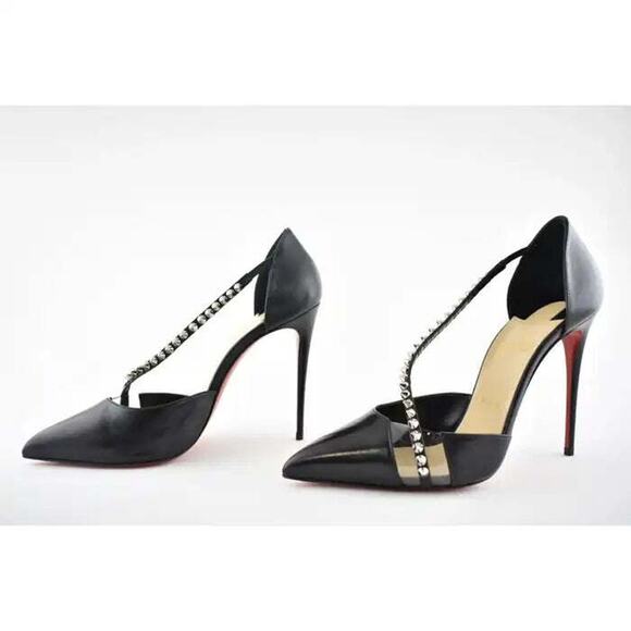Christian Louboutin Spike Cross 100 Black PVC Silver Criss Strap Heel Pump 35.5 - Picture 10 of 12